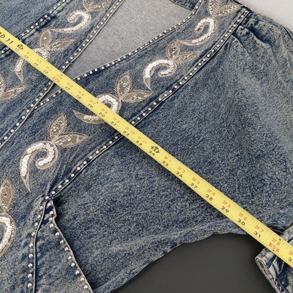 80's Bling Denim Jacket Womens Medium Acid Wash Deep V 90210 Preppy Retro Punk - Picture 12 of 16